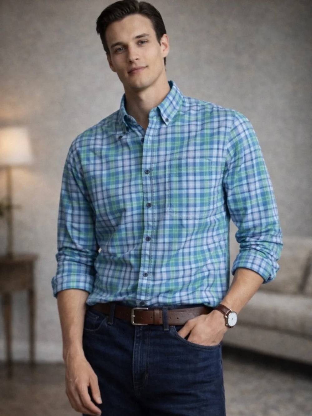Columbia XL Coastal Plaid Button Down Shirt Blue Green Cotton
